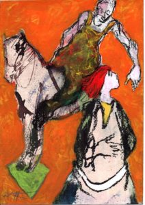 Colle-colle cheveux rouge-tablier vert, associés dans la perspective. L’attendu, tablier vert aux bras nus, descend d’un cheval blanc, rejoint la main boudeuse posée sur le ventre aux cheveux rouges balancés de profil. Scène de vie orangée.